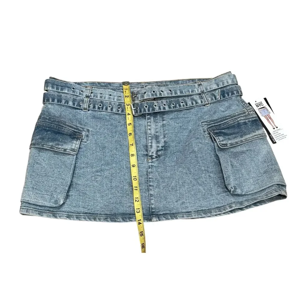 NWT Denim jean Mini Skirt Cargo Large 12-14 Double Belted festival concert